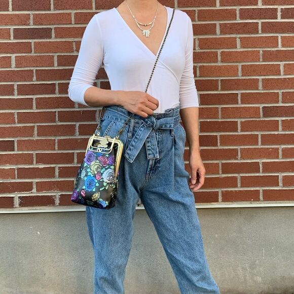 Handmade Genuine Embossed Rose Cowhide Clutch/Phone Case, Kiss Clasp/Clip Pouch - Picture 7 of 16